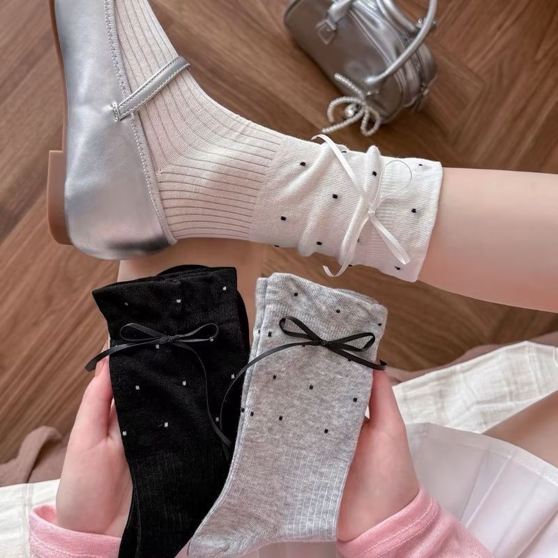 Ribbon Bow Dotted Crew Socks