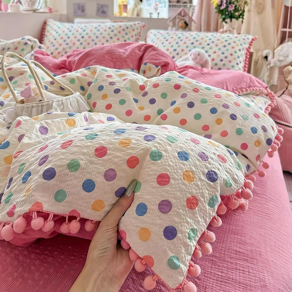 Pompom Trim Quilted Bedding Set