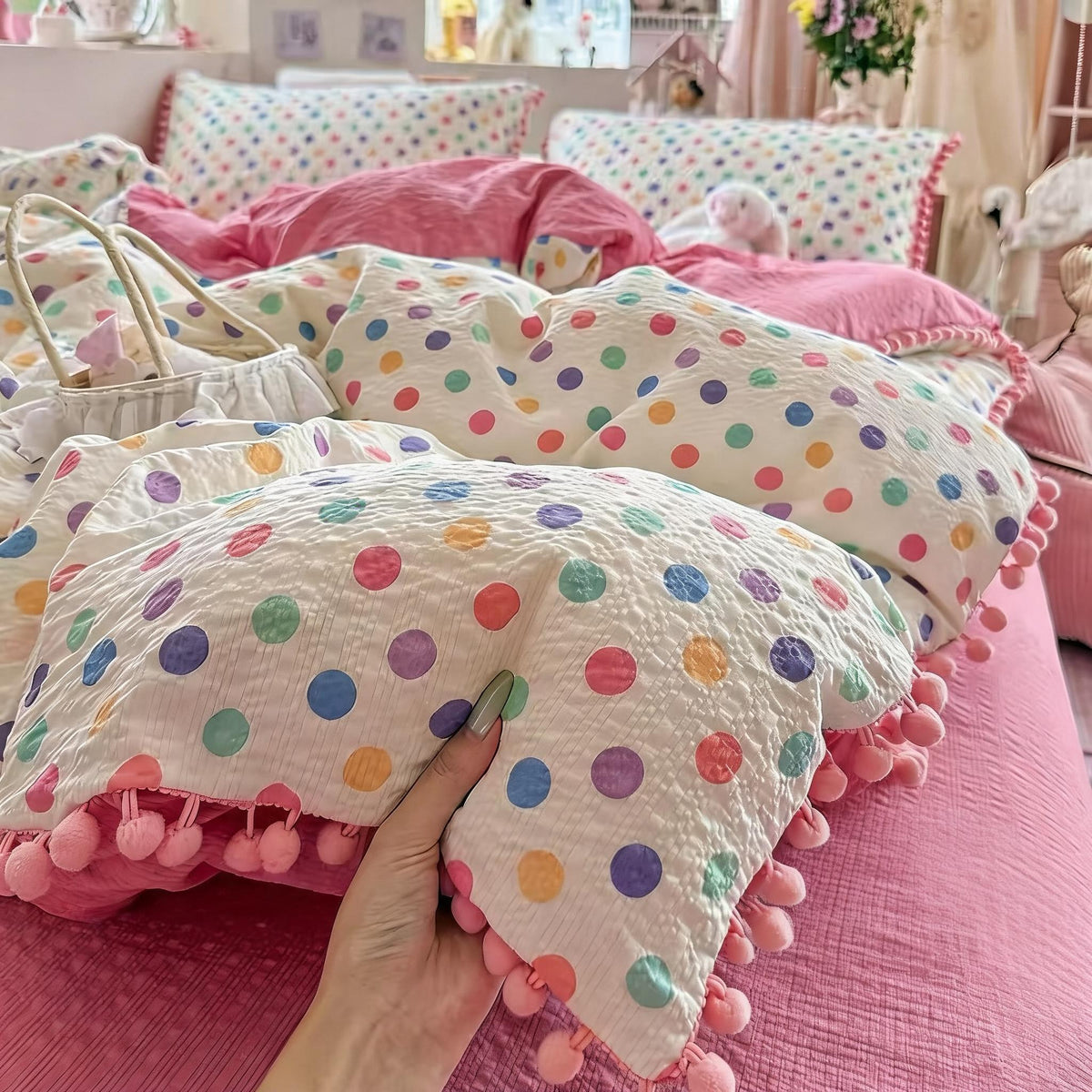 Pompom Trim Quilted Bedding Set