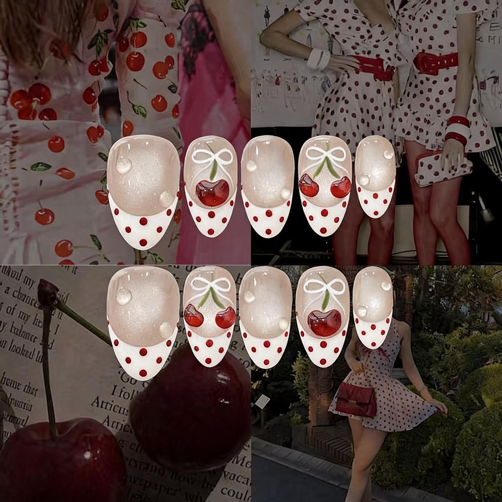Cherry Bow Polka French Nails