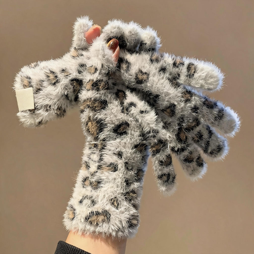 Fuzzy Leopard Touchscreen Gloves