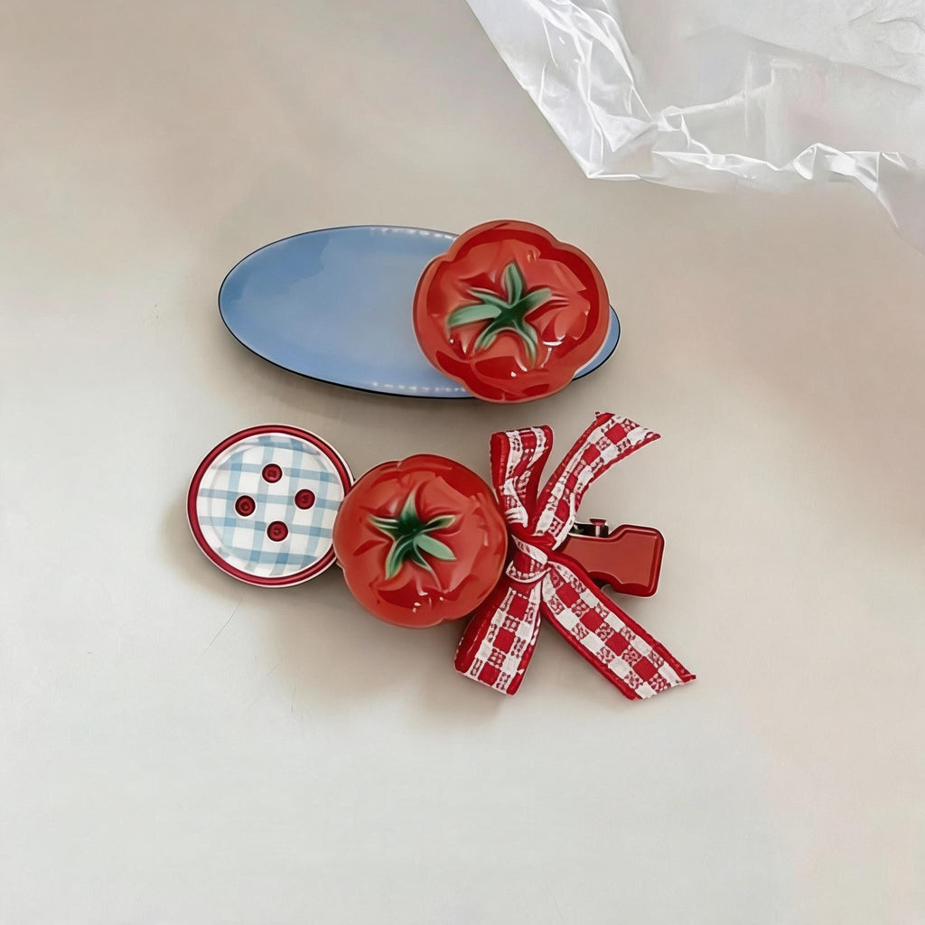 Tomato Gingham Hair Clips