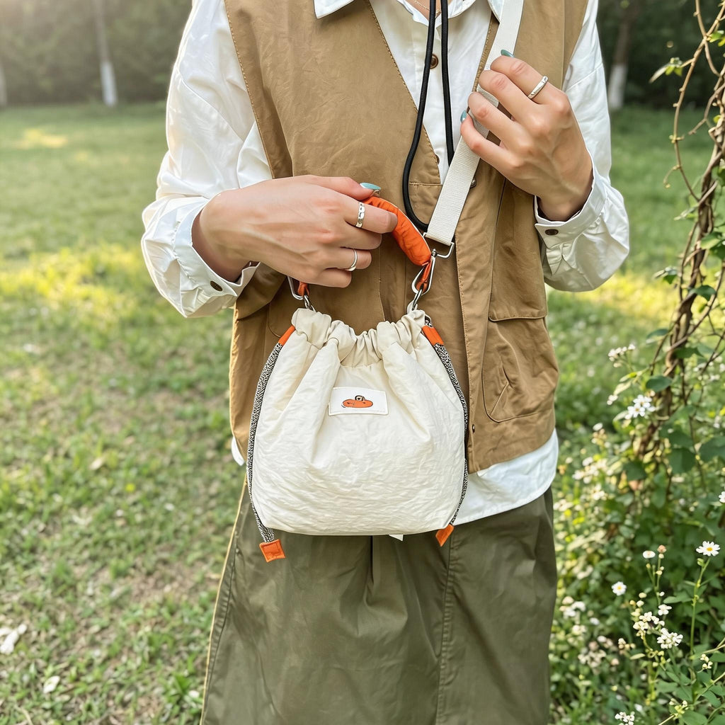 Puffy Handle Drawstring Bucket Bag