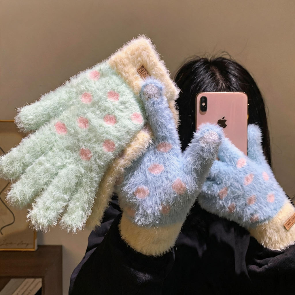 Fuzzy Polka Dot Touchscreen Gloves