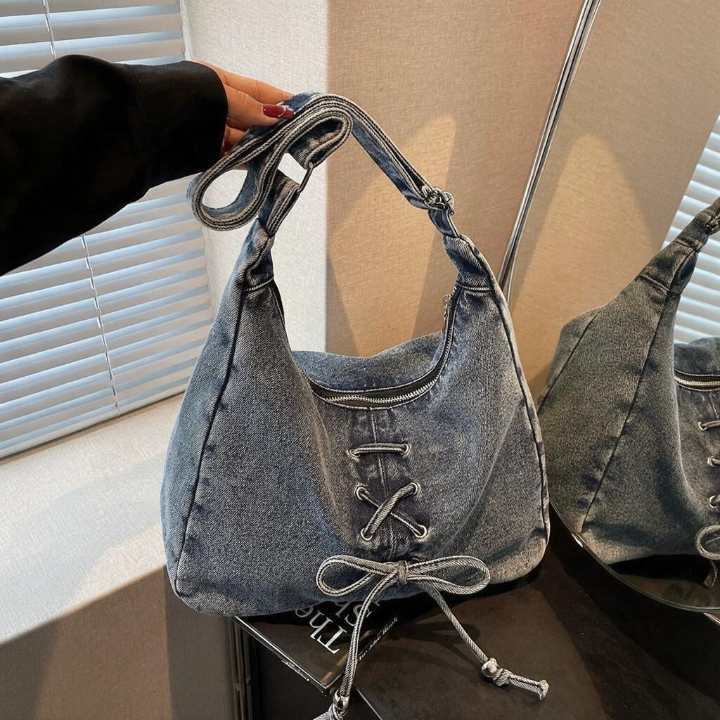 Corset Bow Denim Shoulder Bag