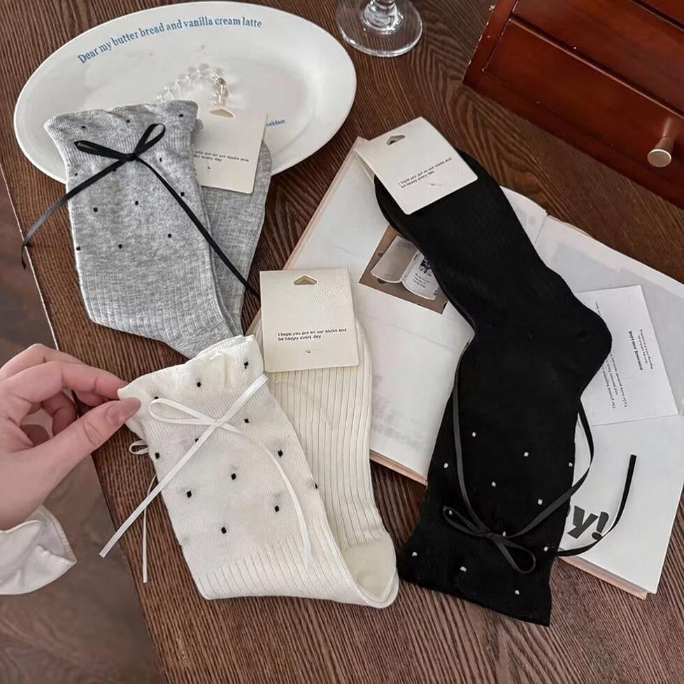 Ribbon Bow Dotted Crew Socks