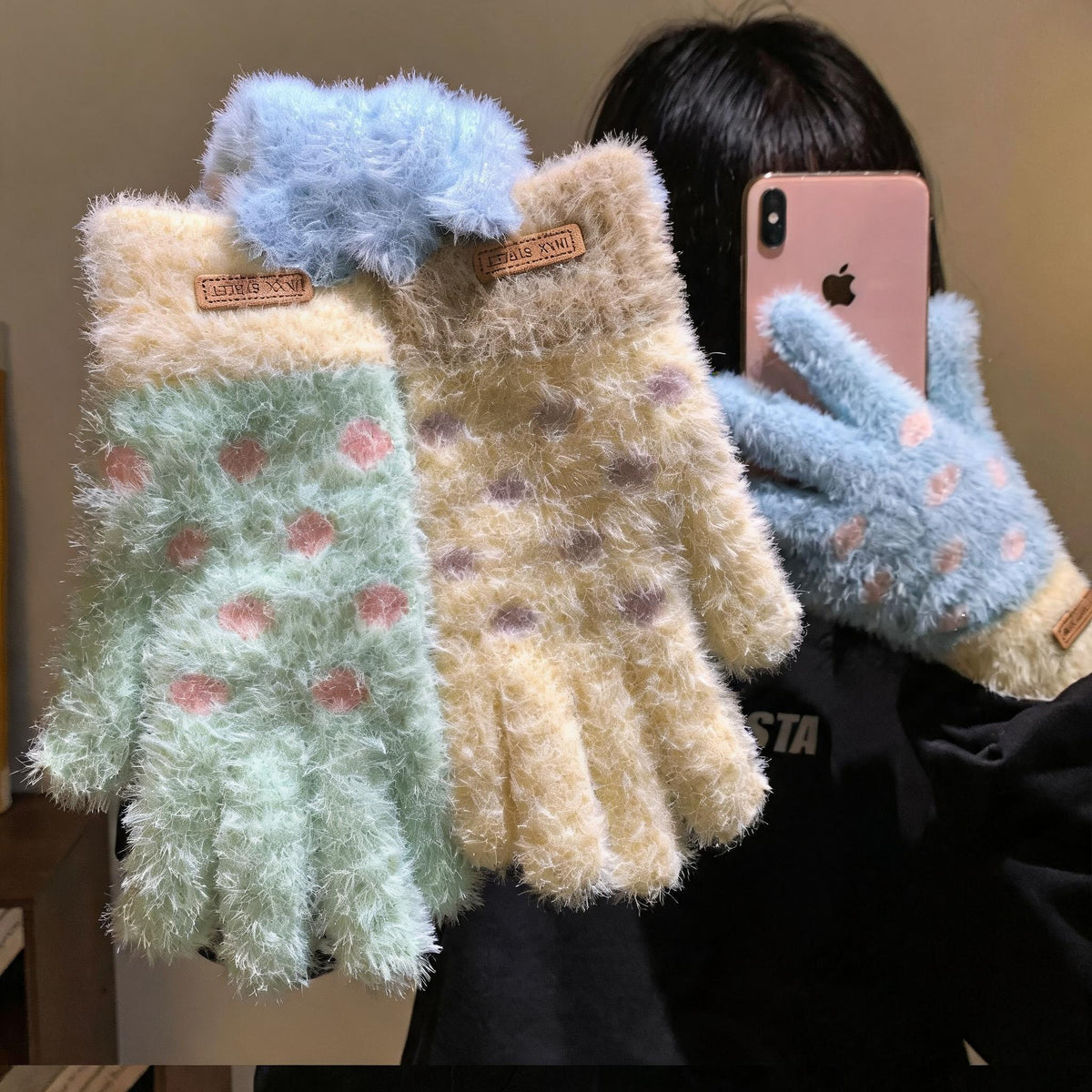 Fuzzy Polka Dot Touchscreen Gloves