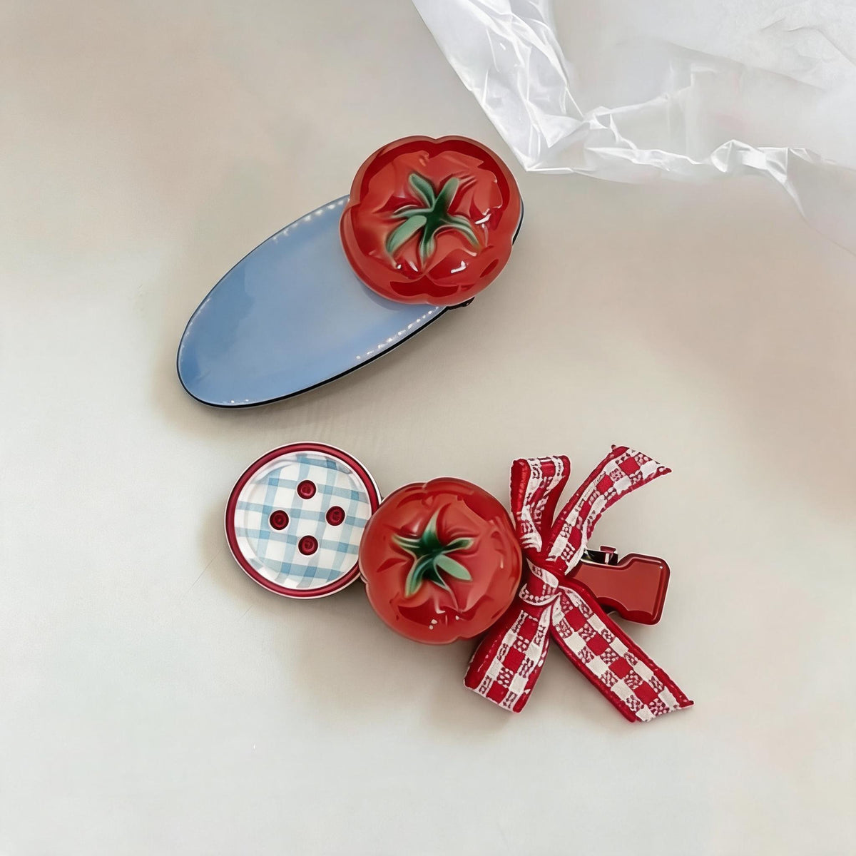 Tomato Gingham Hair Clips