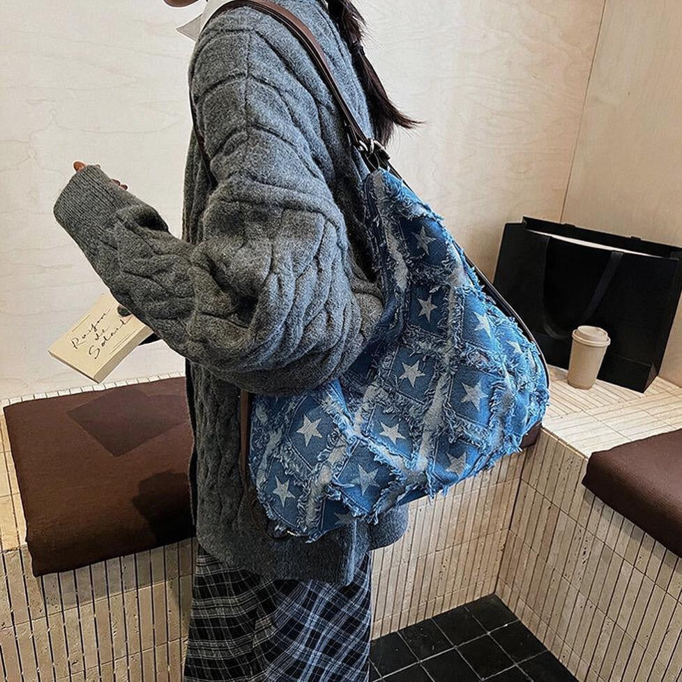 Frayed Star Denim Slouch Bag