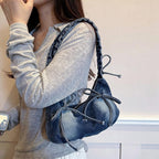 Ruched Denim Bow Shoulder Bag