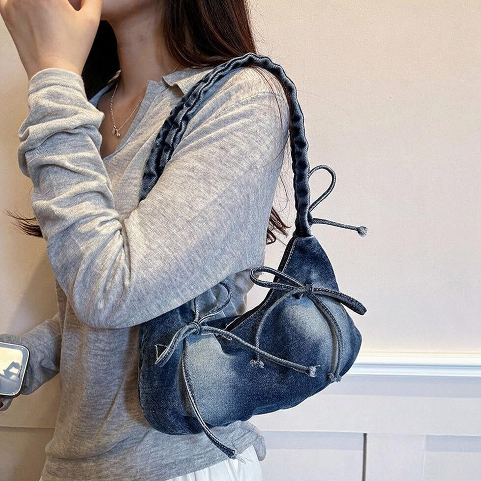 Ruched Denim Bow Shoulder Bag