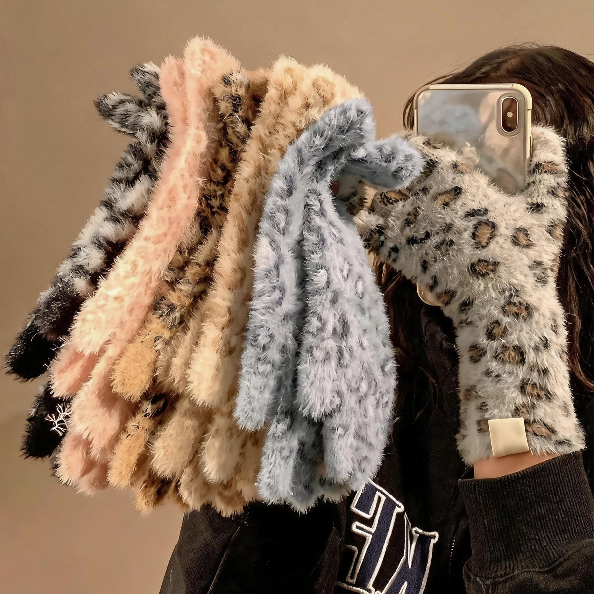 Fuzzy Leopard Touchscreen Gloves