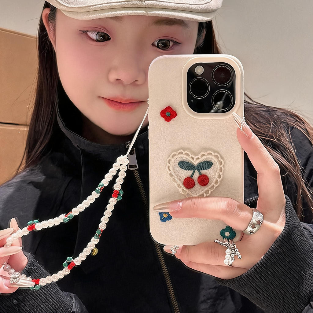 Embroidered Cherry Heart iPhone Case