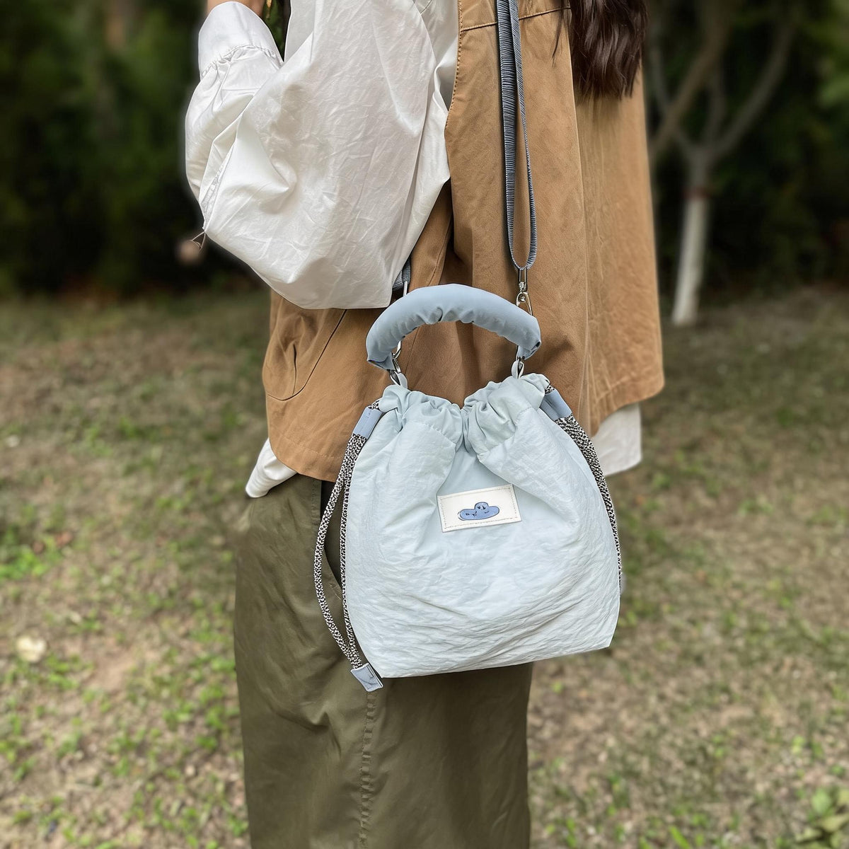 Puffy Handle Drawstring Bucket Bag