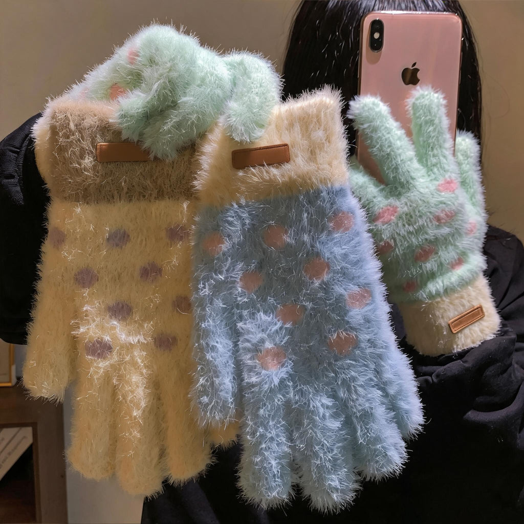 Fuzzy Polka Dot Touchscreen Gloves