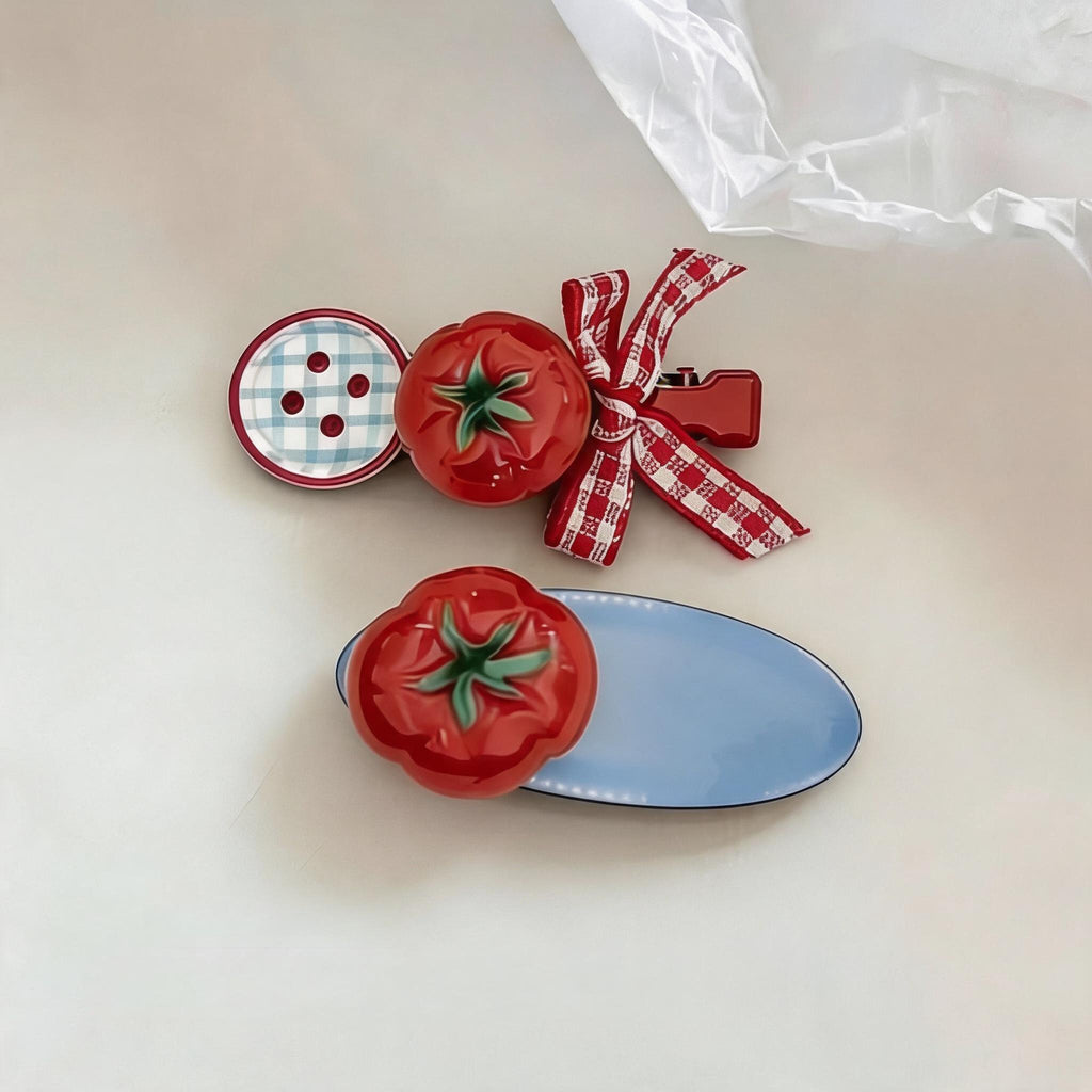 Tomato Gingham Hair Clips