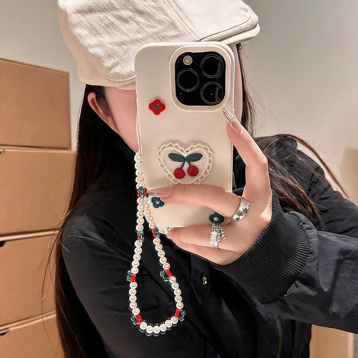 Embroidered Cherry Heart iPhone Case