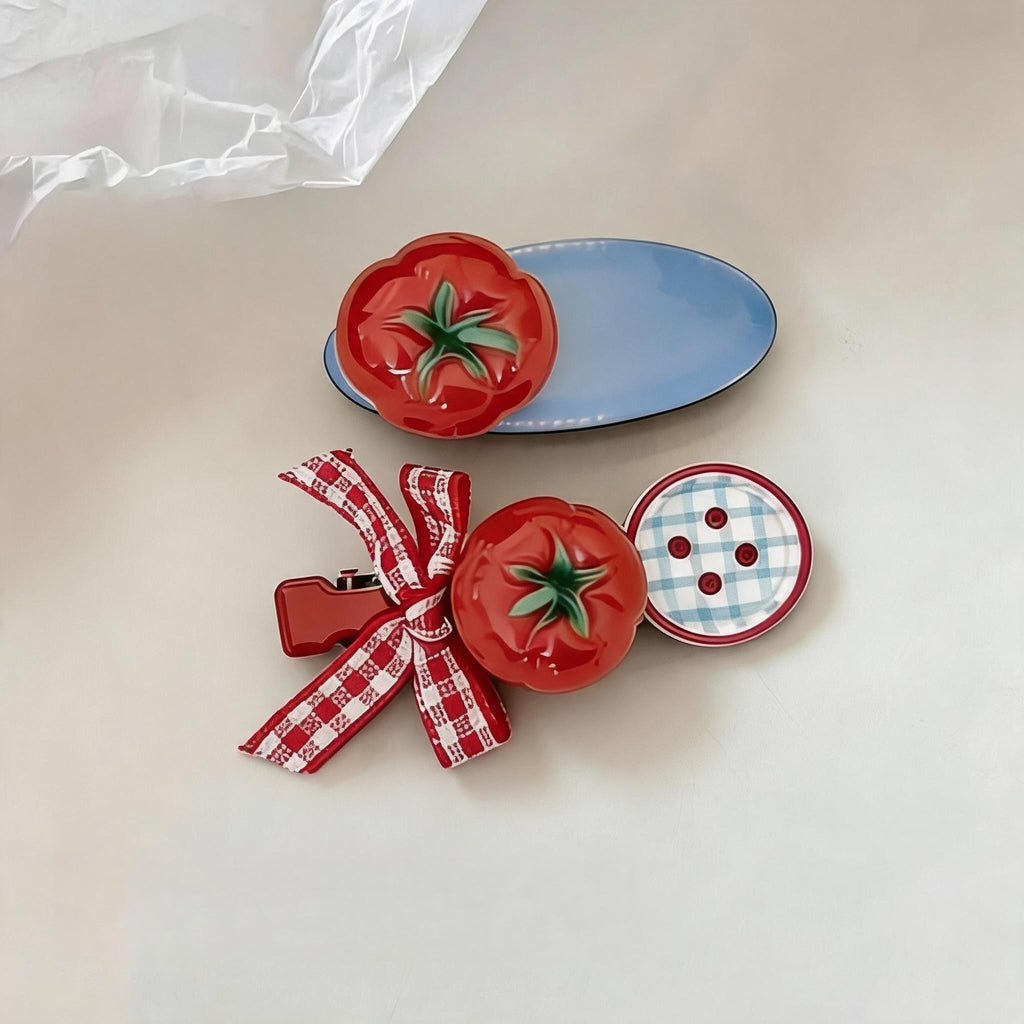 Tomato Gingham Hair Clips