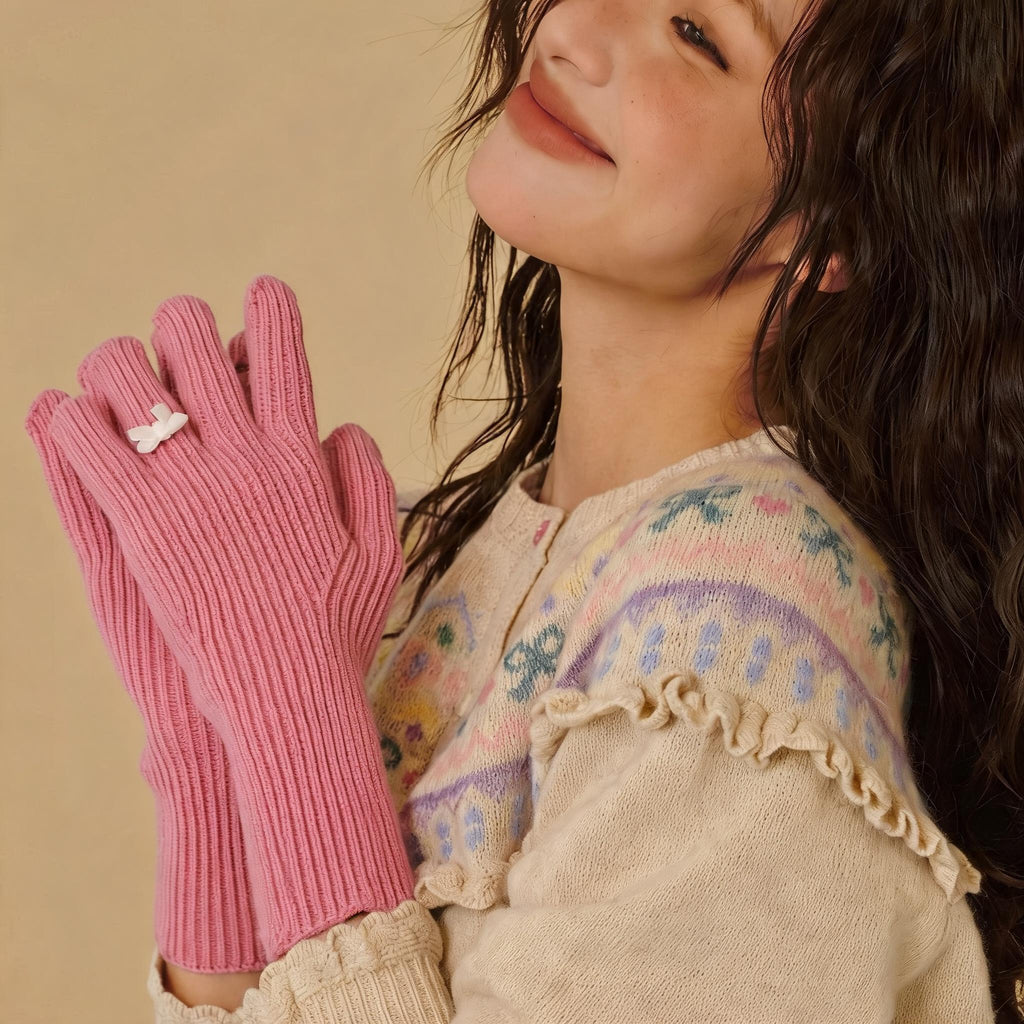 Little Bow Ribbed Knit Gloves