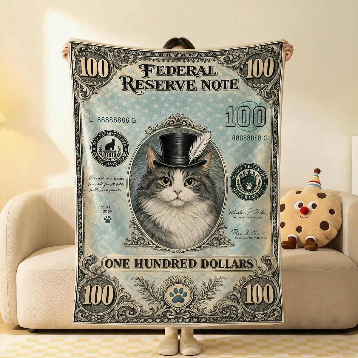 Banknote Cat Flannel Throw