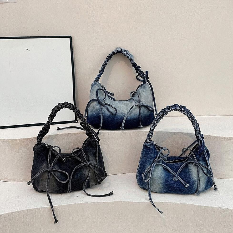 Ruched Denim Bow Shoulder Bag