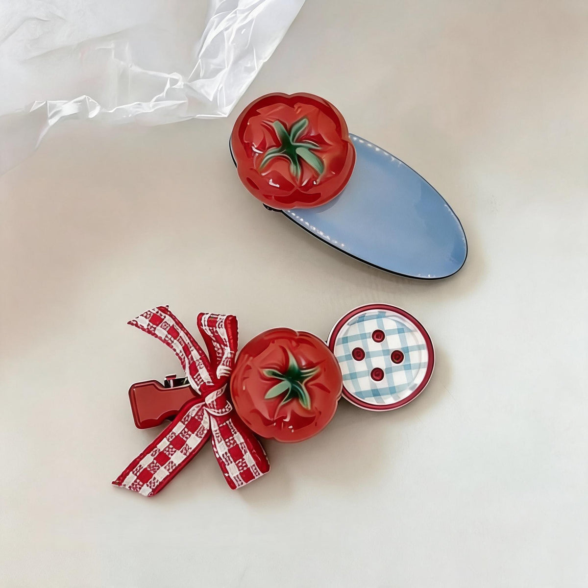 Tomato Gingham Hair Clips