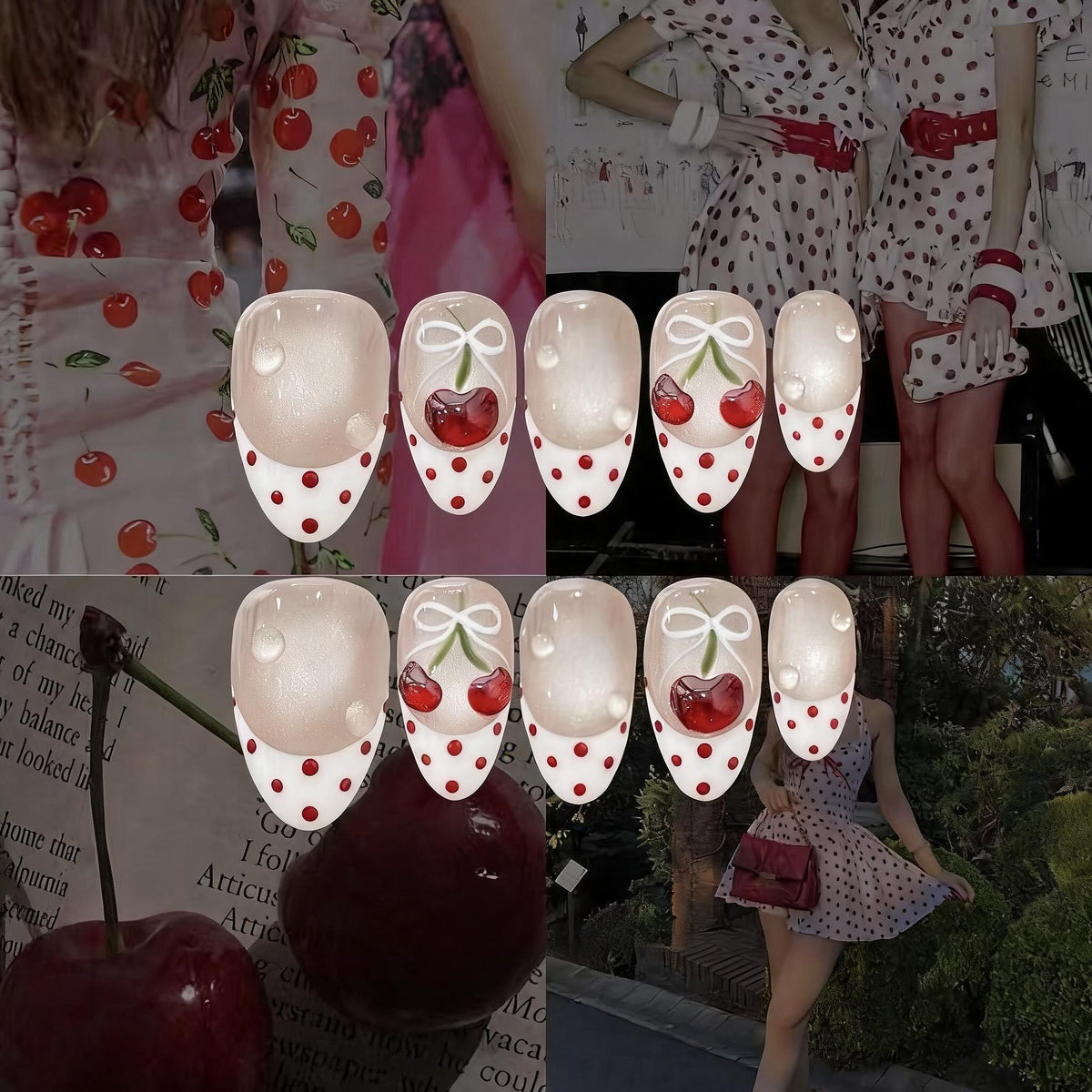 Cherry Bow Polka French Nails