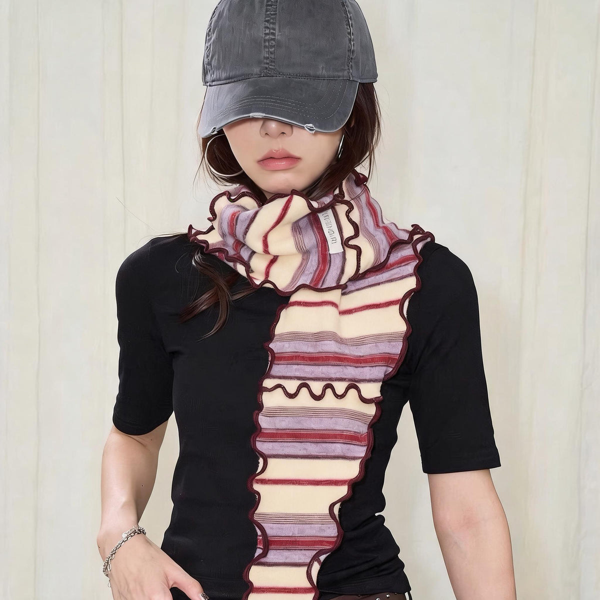 Ruffled Stripe Triangle Scarf