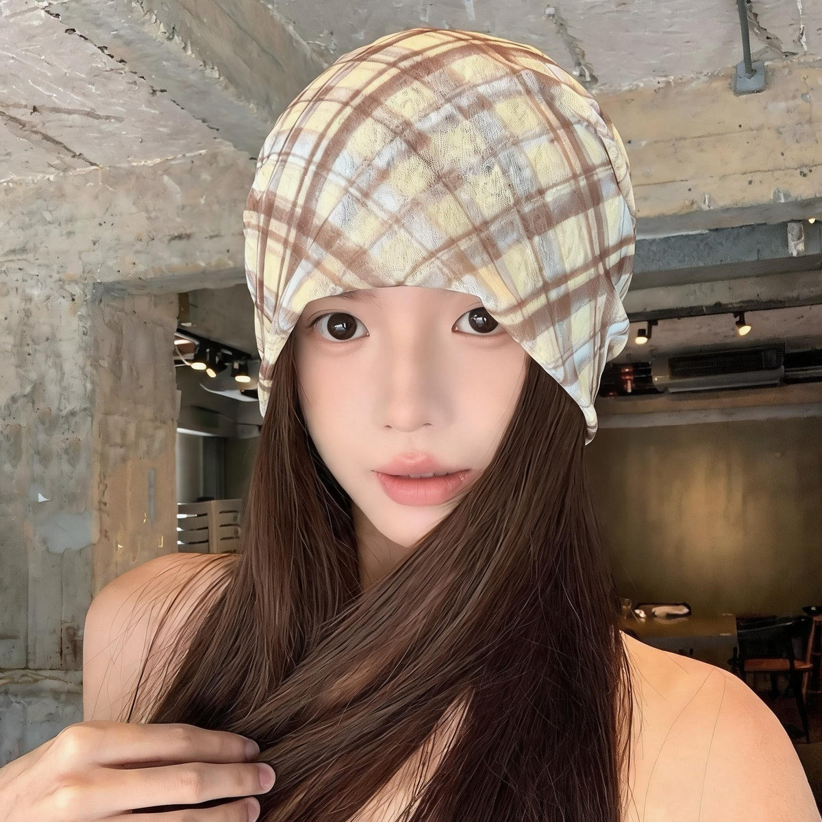 Plaid Ruched Turban Beanie