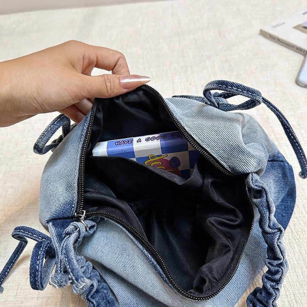 Ruched Denim Bow Shoulder Bag
