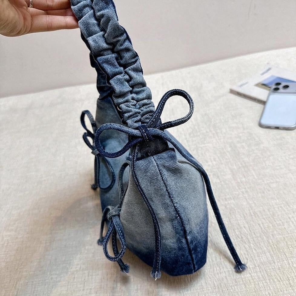 Ruched Denim Bow Shoulder Bag