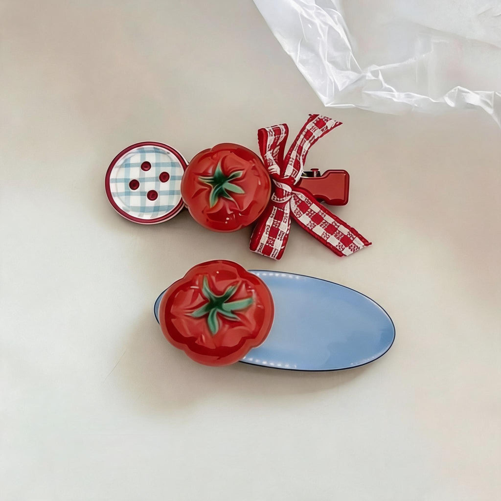 Tomato Gingham Hair Clips