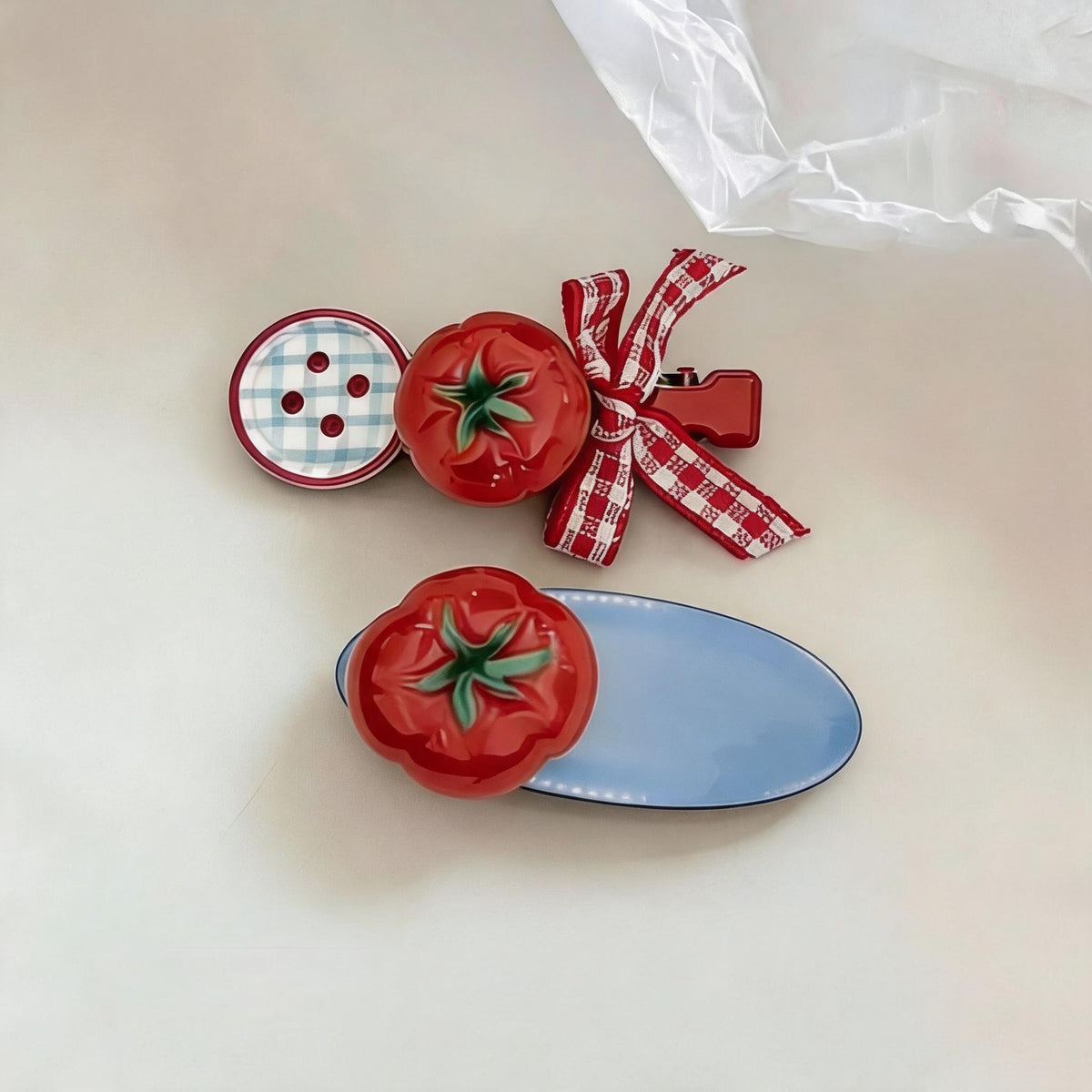 Tomato Gingham Hair Clips