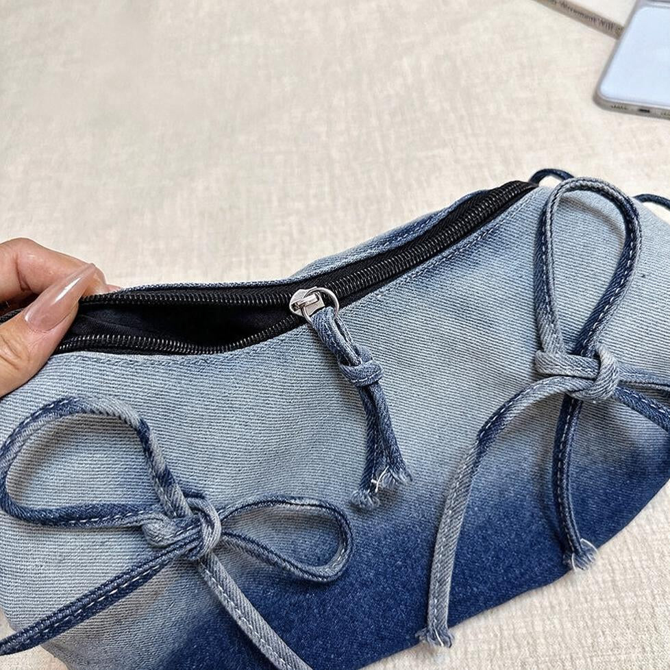 Ruched Denim Bow Shoulder Bag