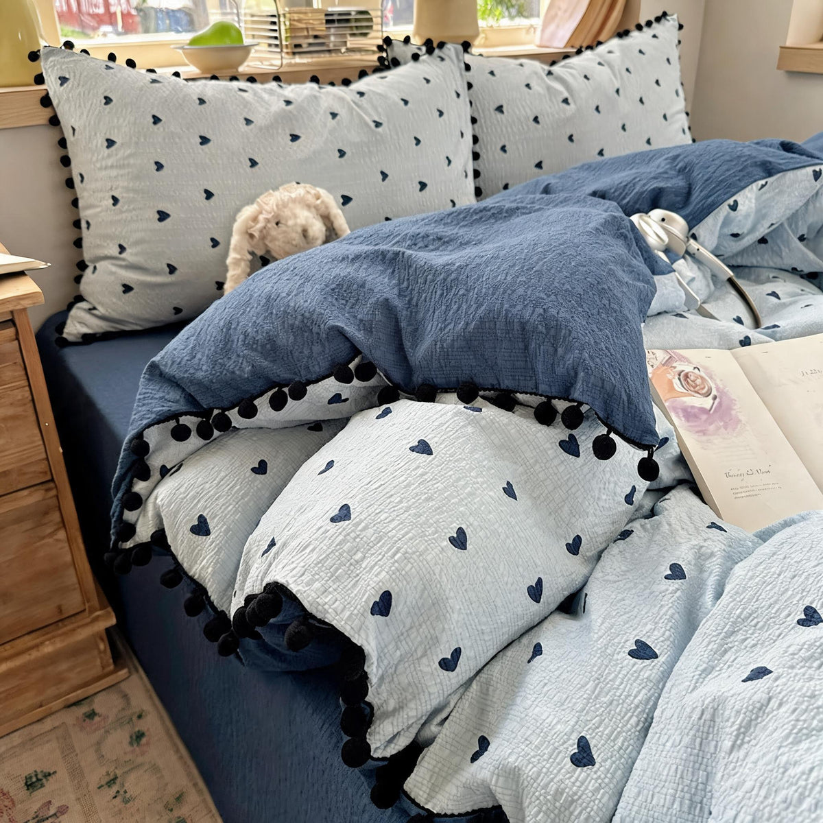 Pompom Trim Quilted Bedding Set