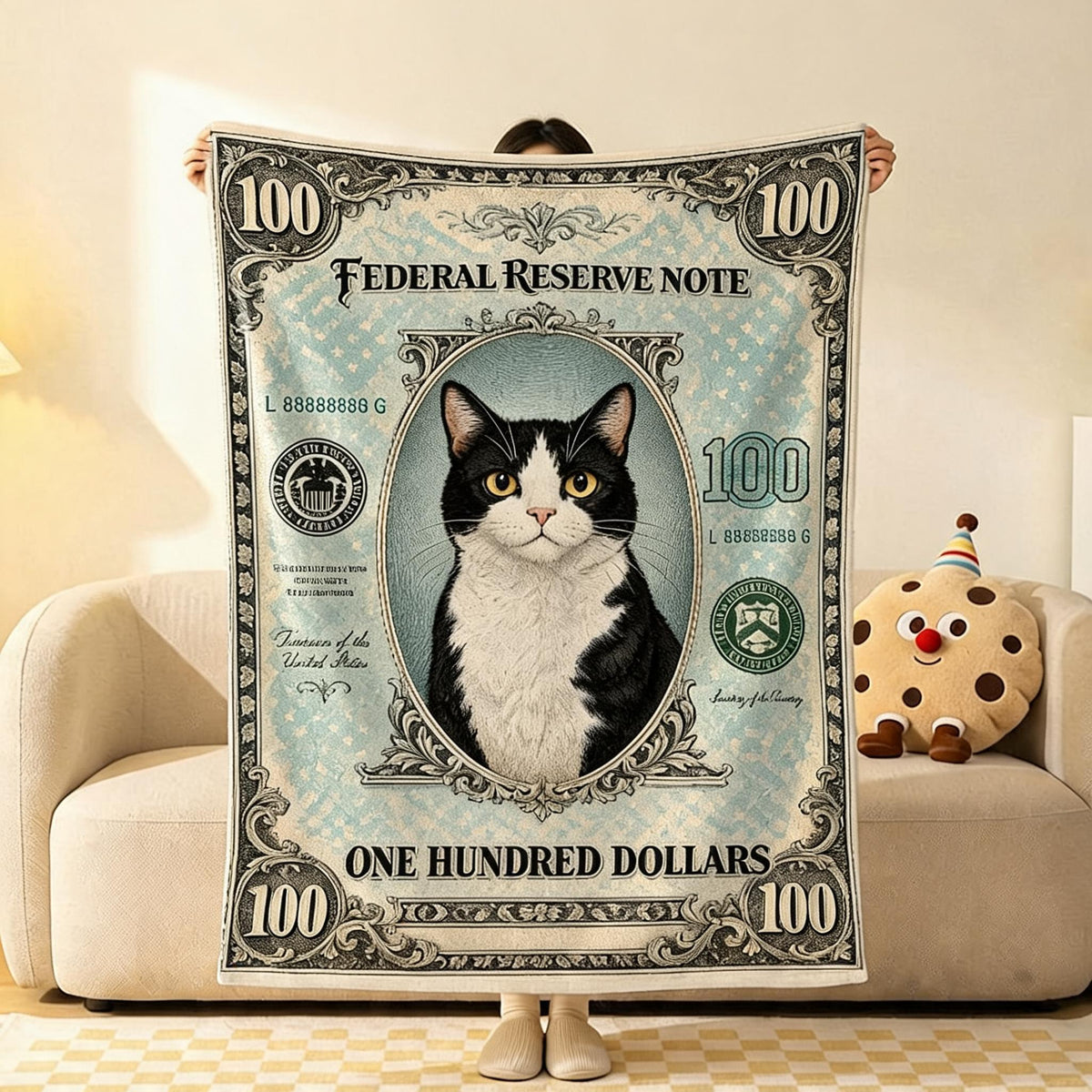 Banknote Cat Flannel Throw