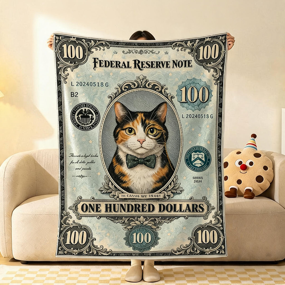 Banknote Cat Flannel Throw