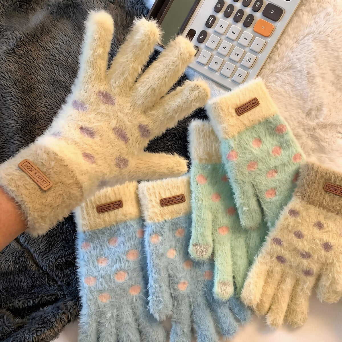 Fuzzy Polka Dot Touchscreen Gloves