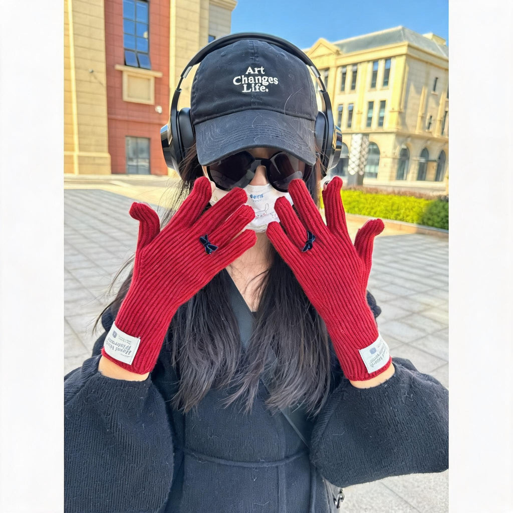 Little Bow Ribbed Knit Gloves
