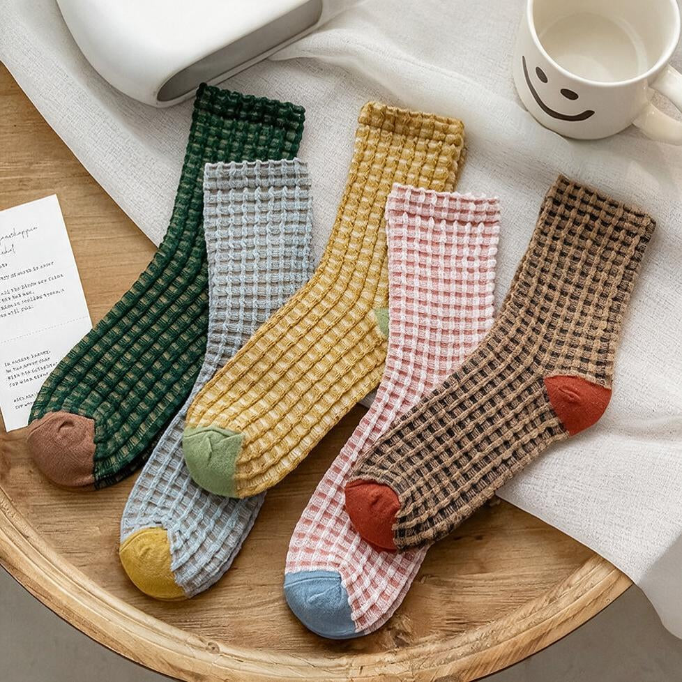 Waffle Check Contrast Toe Socks