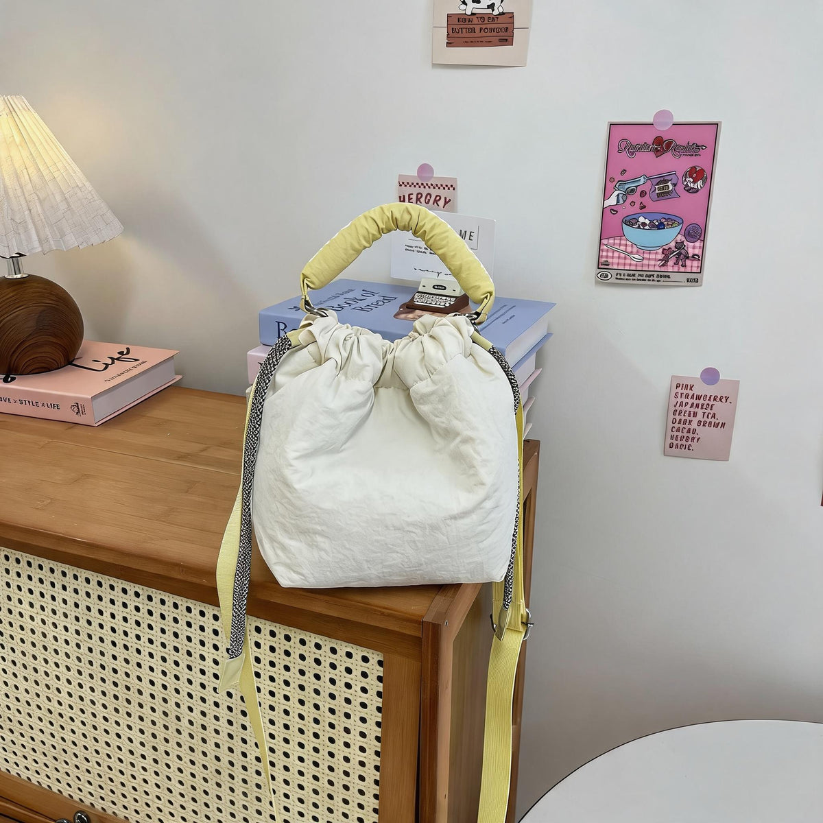 Puffy Handle Drawstring Bucket Bag