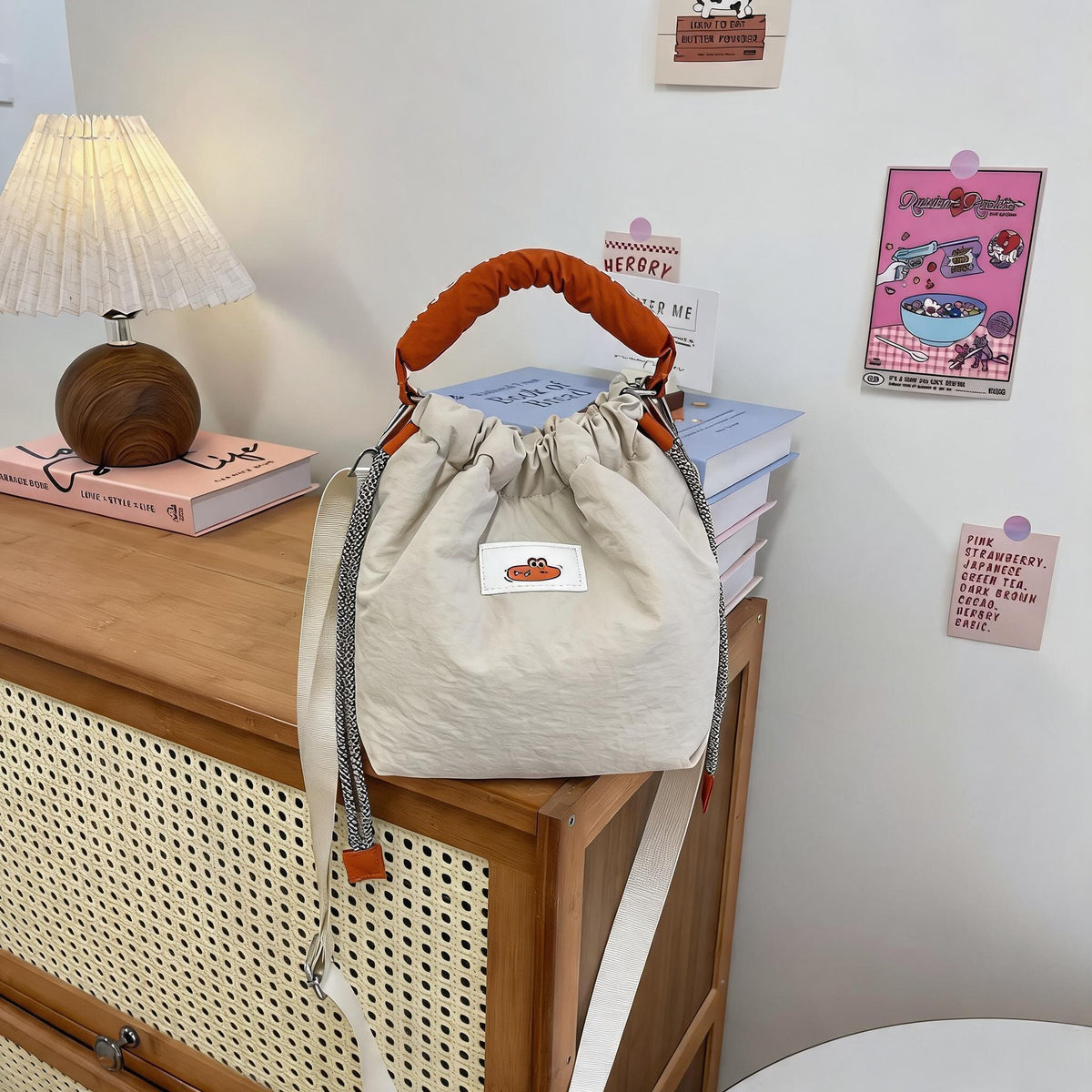 Puffy Handle Drawstring Bucket Bag