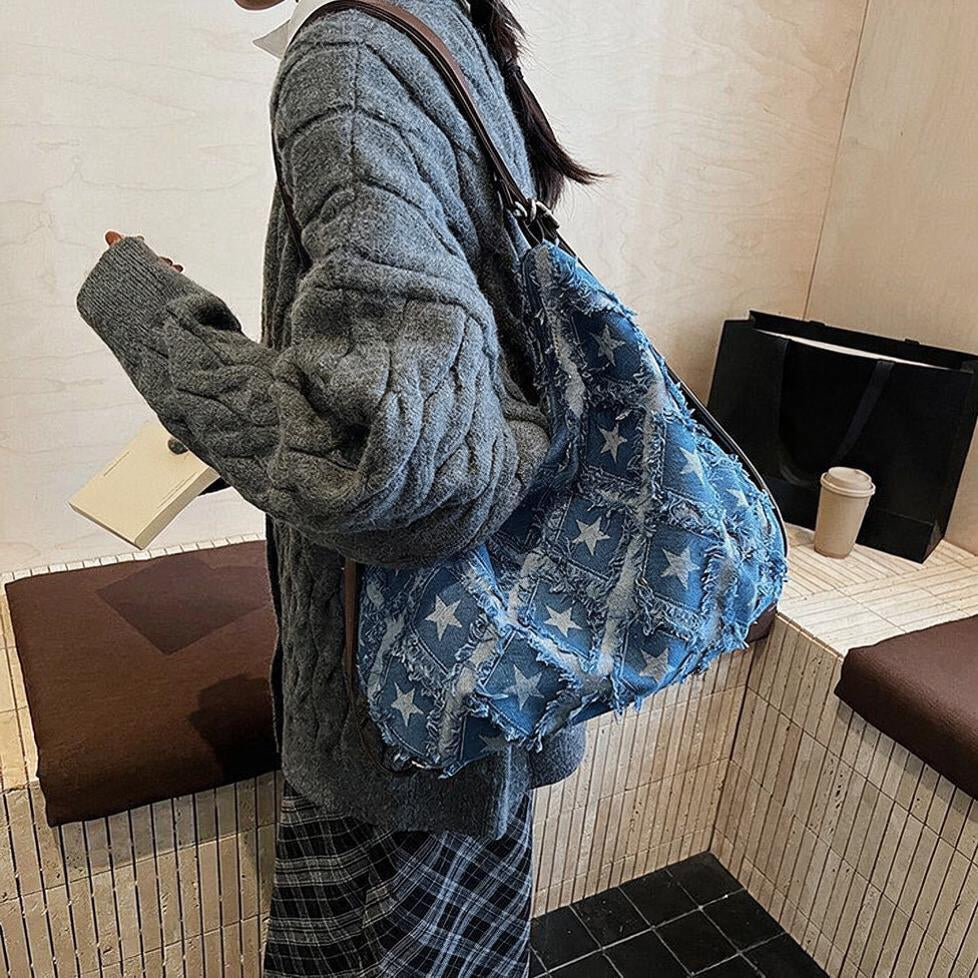Frayed Star Denim Slouch Bag