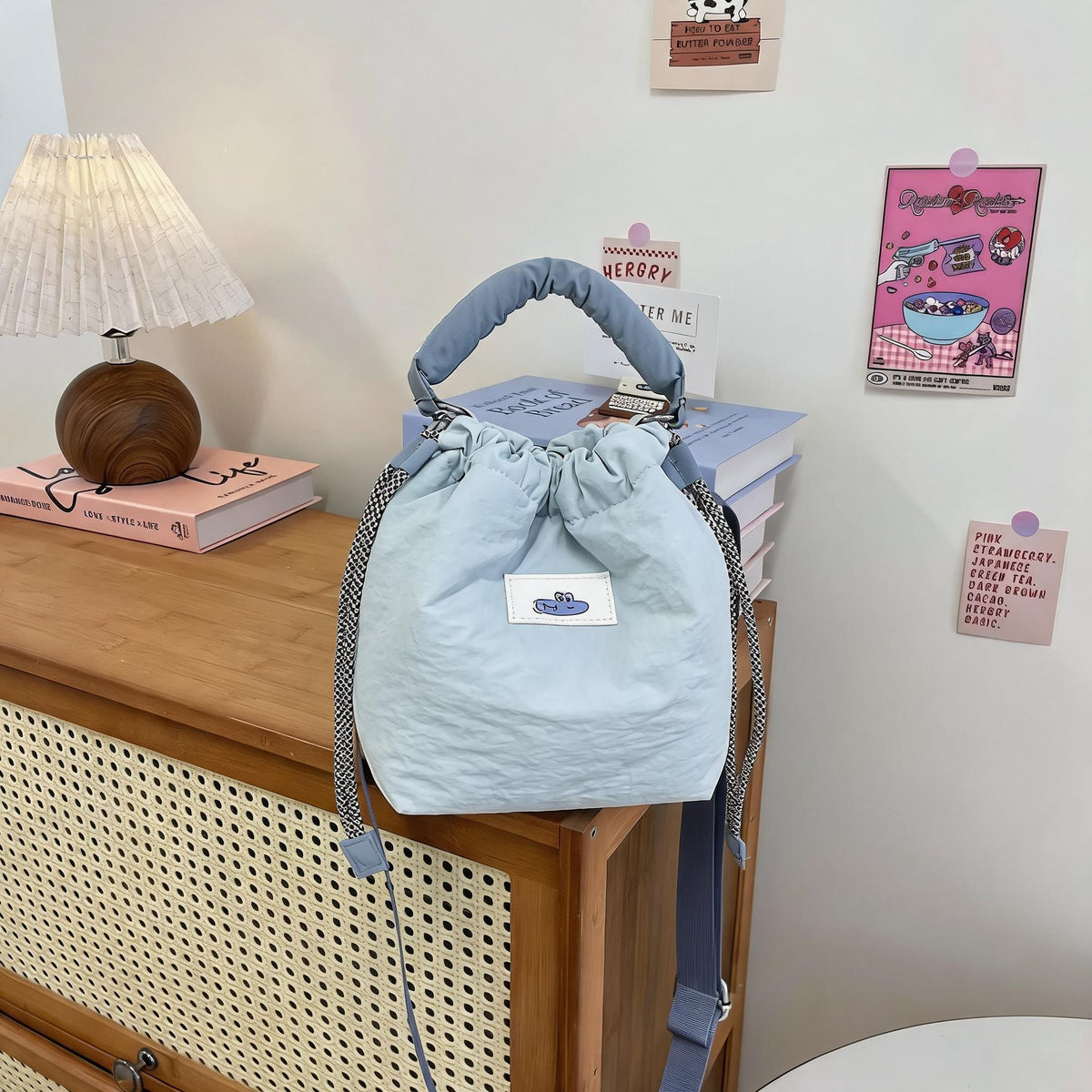 Puffy Handle Drawstring Bucket Bag