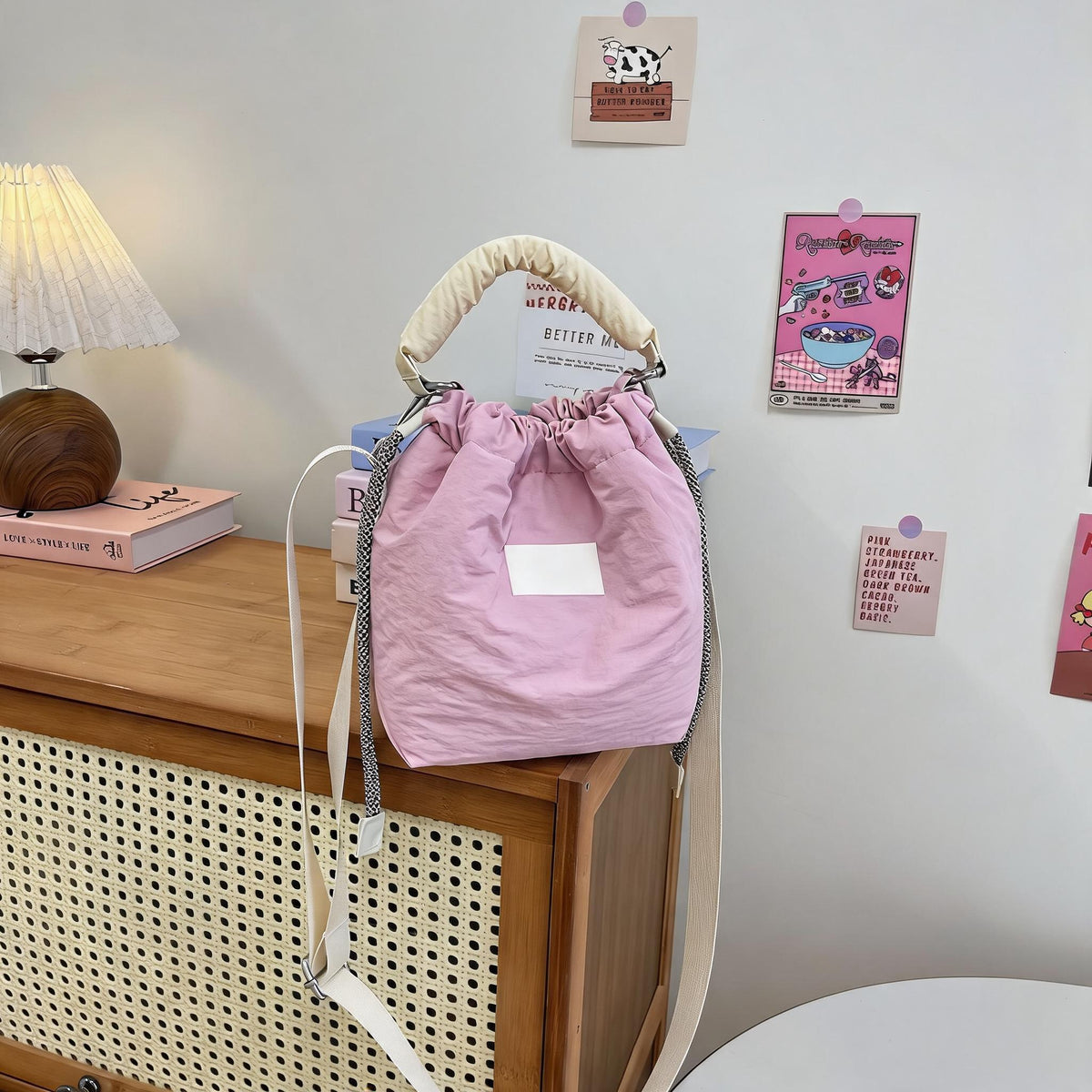 Puffy Handle Drawstring Bucket Bag