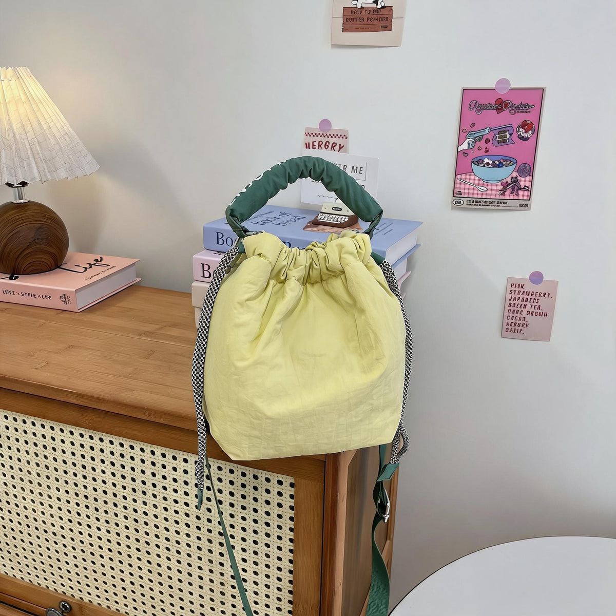 Puffy Handle Drawstring Bucket Bag
