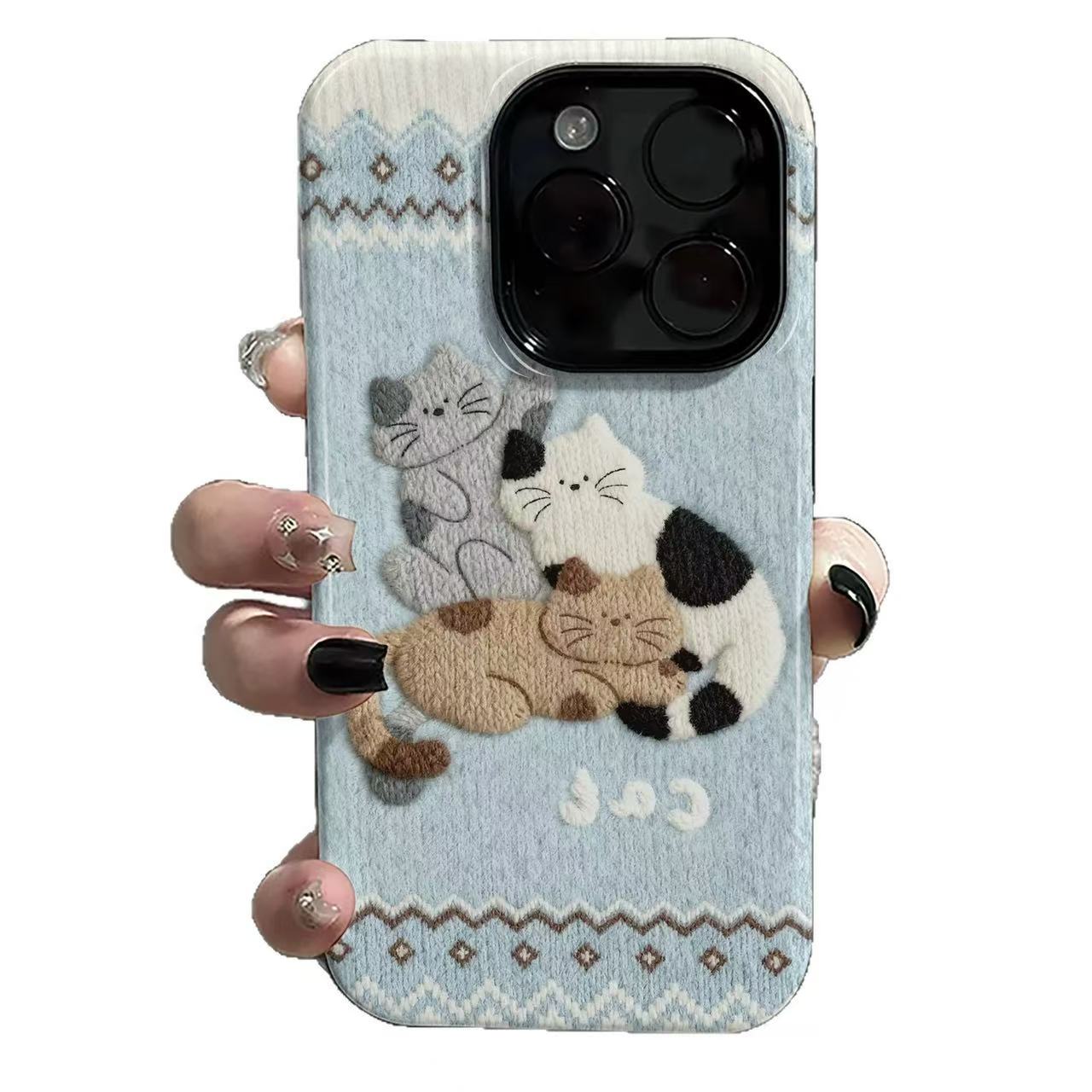 Back of the sleeping cats phone case showing three cats and the knitted border